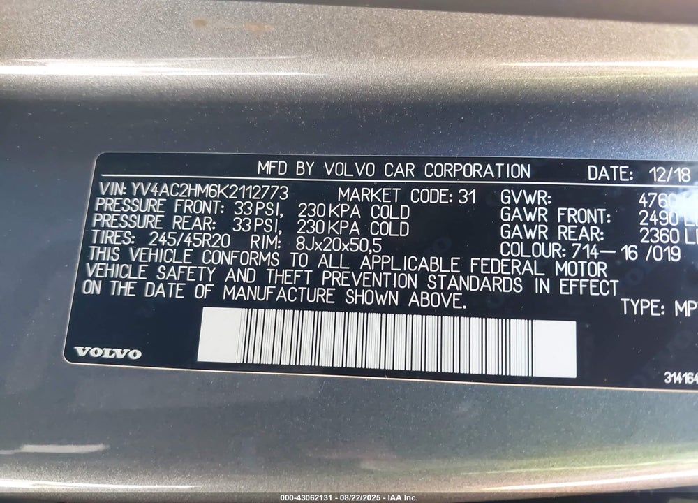 2019 VOLVO XC40 VIN: YV4AC2HM6K2112773
