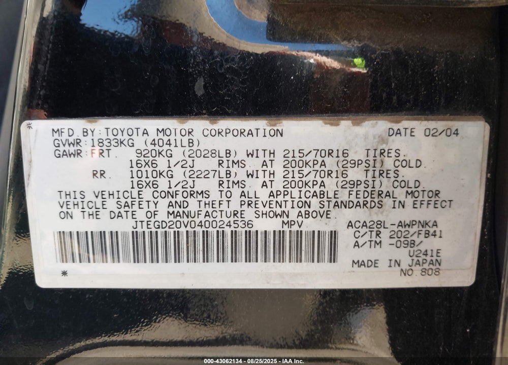 2004 TOYOTA RAV4 VIN: JTEGD20V040024536