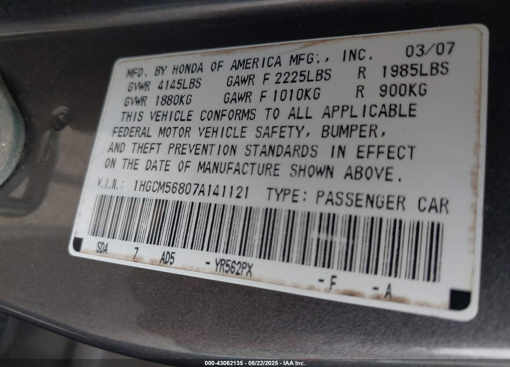 2007 HONDA ACCORD 2.4 EX VIN: 1HGCM56807A141121