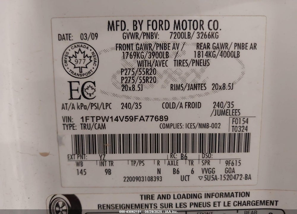 2009 FORD F-150 VIN: 1FTPW14V59FA77689