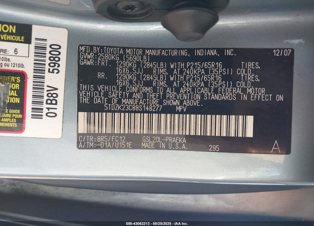 2008 TOYOTA SIENNA LE VIN: 5TDZK23C88S148277