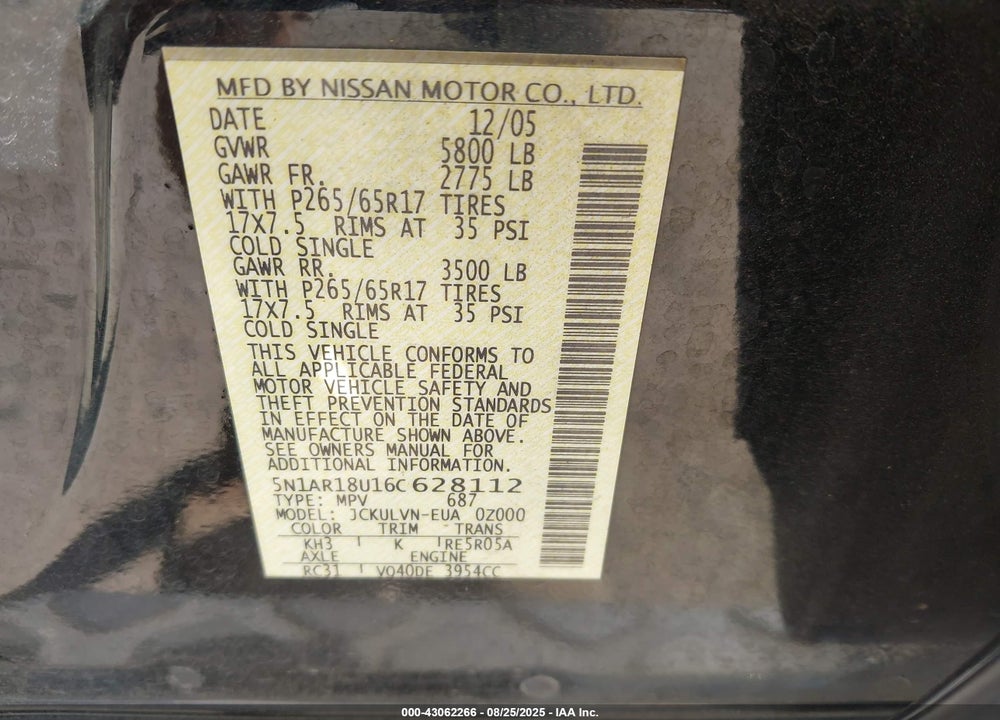 2006 NISSAN PATHFINDER LE VIN: 5N1AR18U16C628112