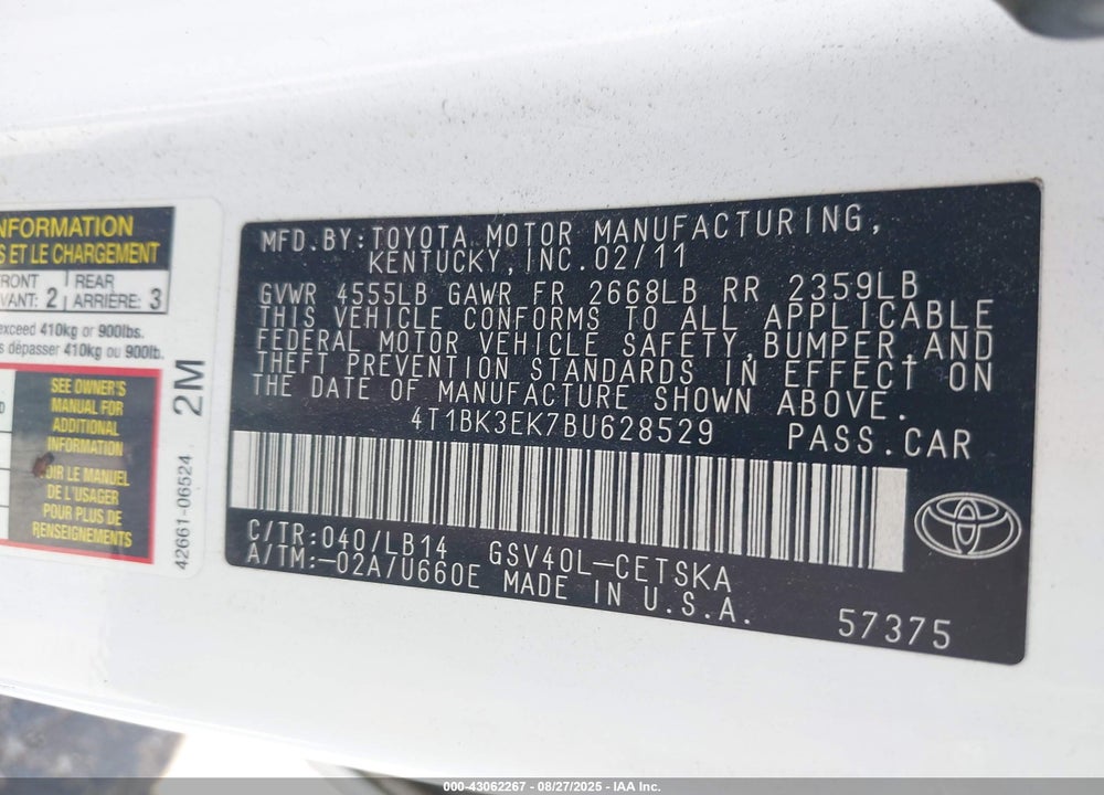 2011 TOYOTA CAMRY SE V6 VIN: 4T1BK3EK7BU628529