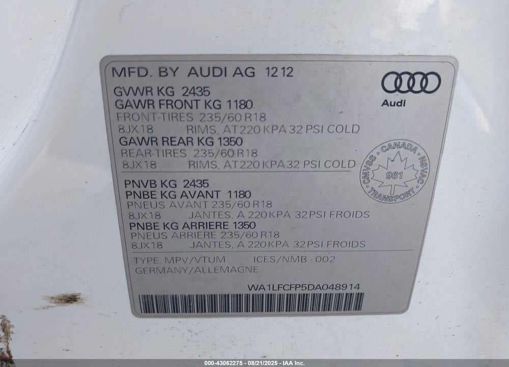 2013 AUDI Q5 2.0T PREMIUM VIN: WA1LFCFP5DA048914