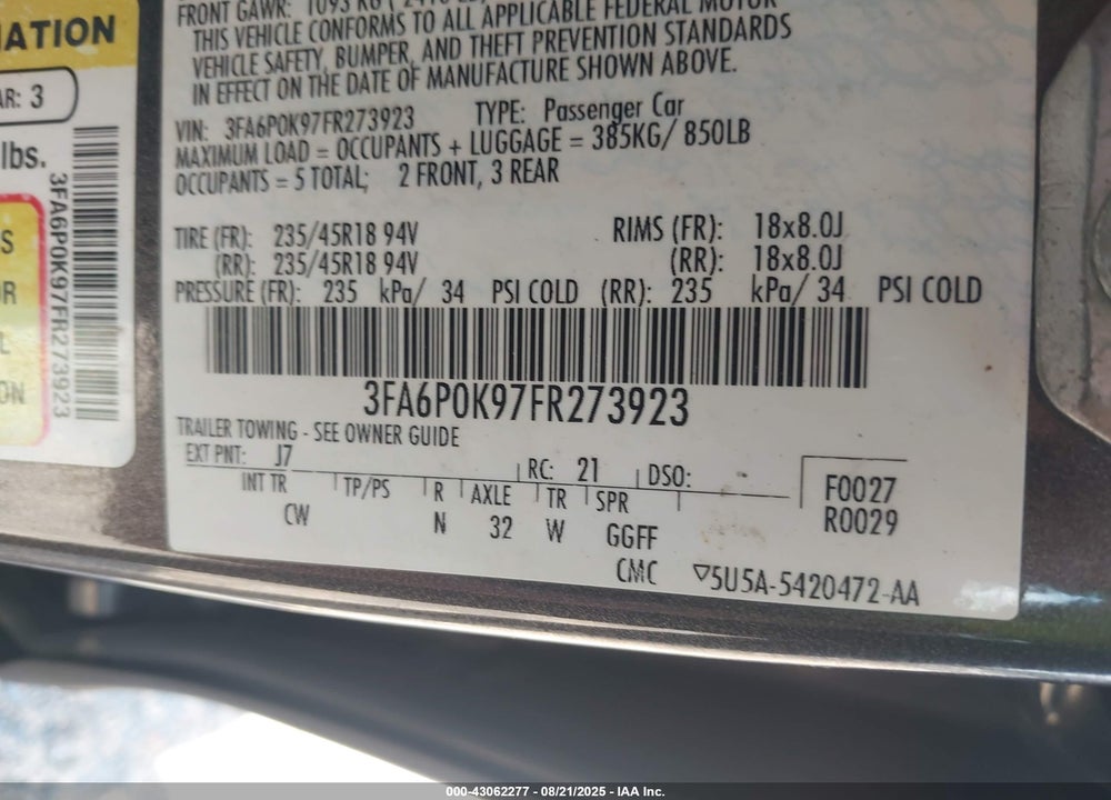 2015 FORD FUSION VIN: 3FA6P0K97FR273923
