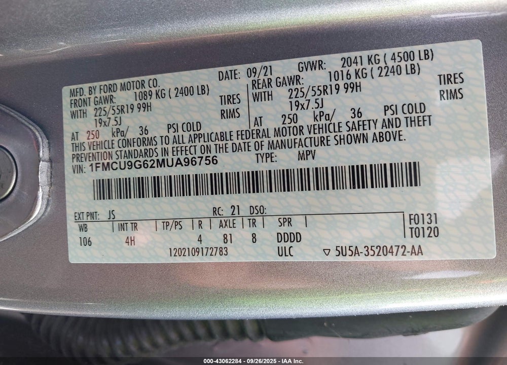 2021 FORD ESCAPE VIN: 1FMCU9G62MUA96756