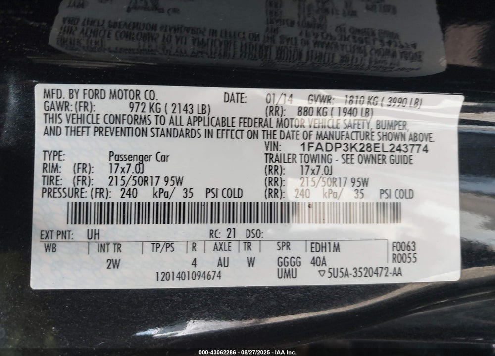 2014 FORD FOCUS VIN: 1FADP3K28EL243774