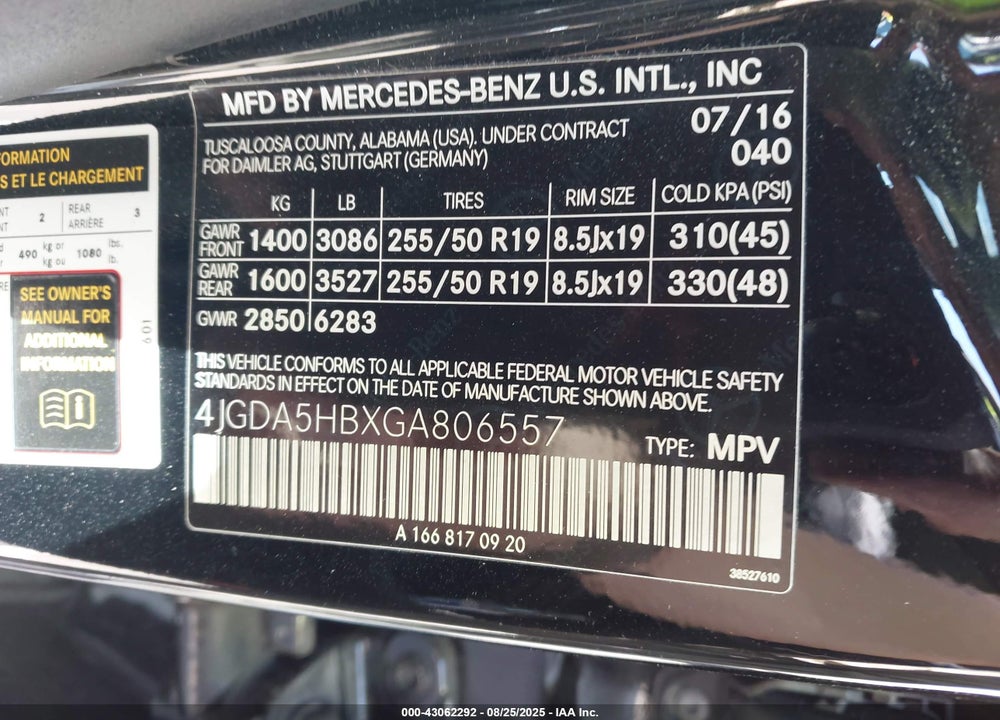 2016 MERCEDES-BENZ GLE CLASS VIN: 4JGDA5HBXGA806557
