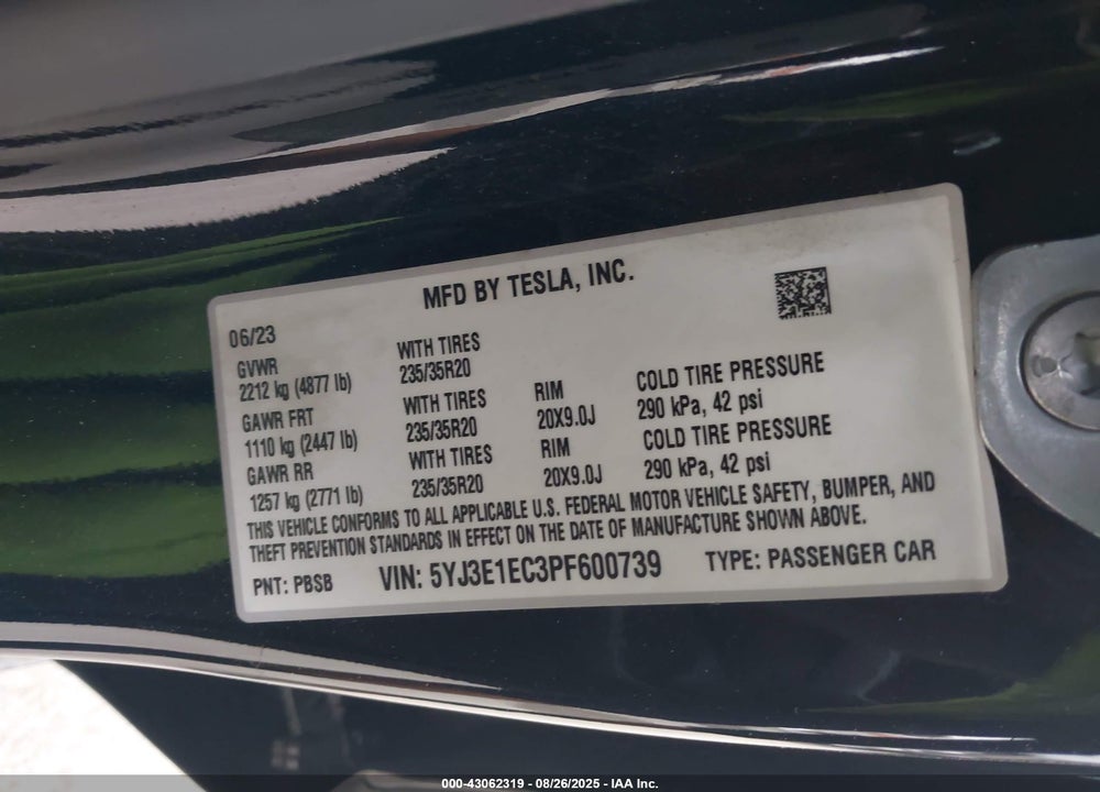 2023 TESLA MODEL 3 PERFORMANCE DUAL MOTOR ALL-WHEEL DRIVE VIN: 5YJ3E1EC3PF600739