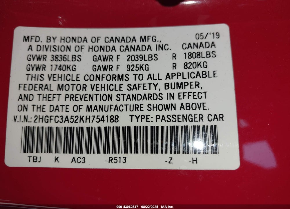 2019 HONDA CIVIC VIN: 2HGFC3A52KH754188