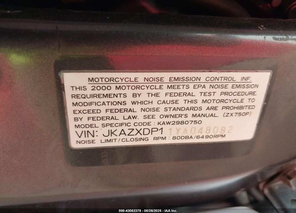 2000 KAWASAKI ZX750 P VIN: JKAZXDP11YA048082