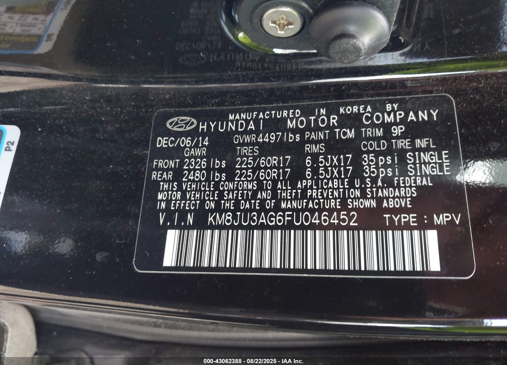 2015 HYUNDAI TUCSON VIN: KM8JU3AG6FU046452