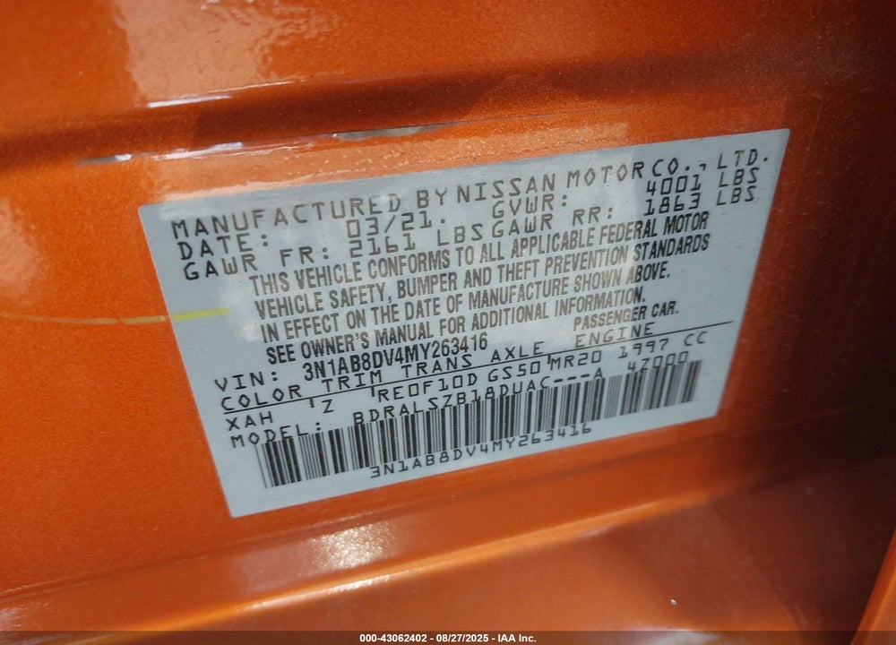 2021 NISSAN SENTRA VIN: 3N1AB8DV4MY263416