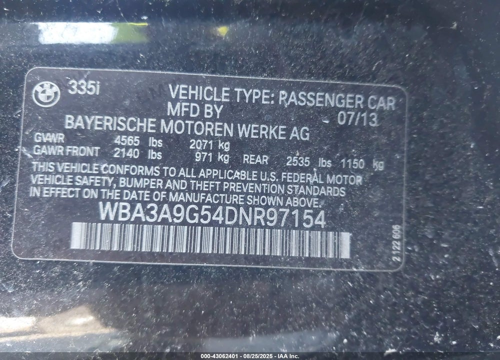 2013 BMW 3 SERIES VIN: WBA3A9G54DNR97154