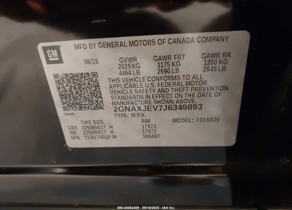 2018 CHEVROLET EQUINOX VIN: 2GNAXJEV7J6349893