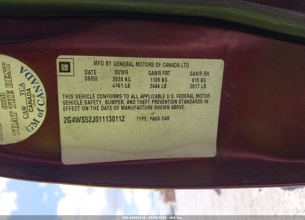2001 BUICK CENTURY CUSTOM VIN: 2G4WS52J011130112