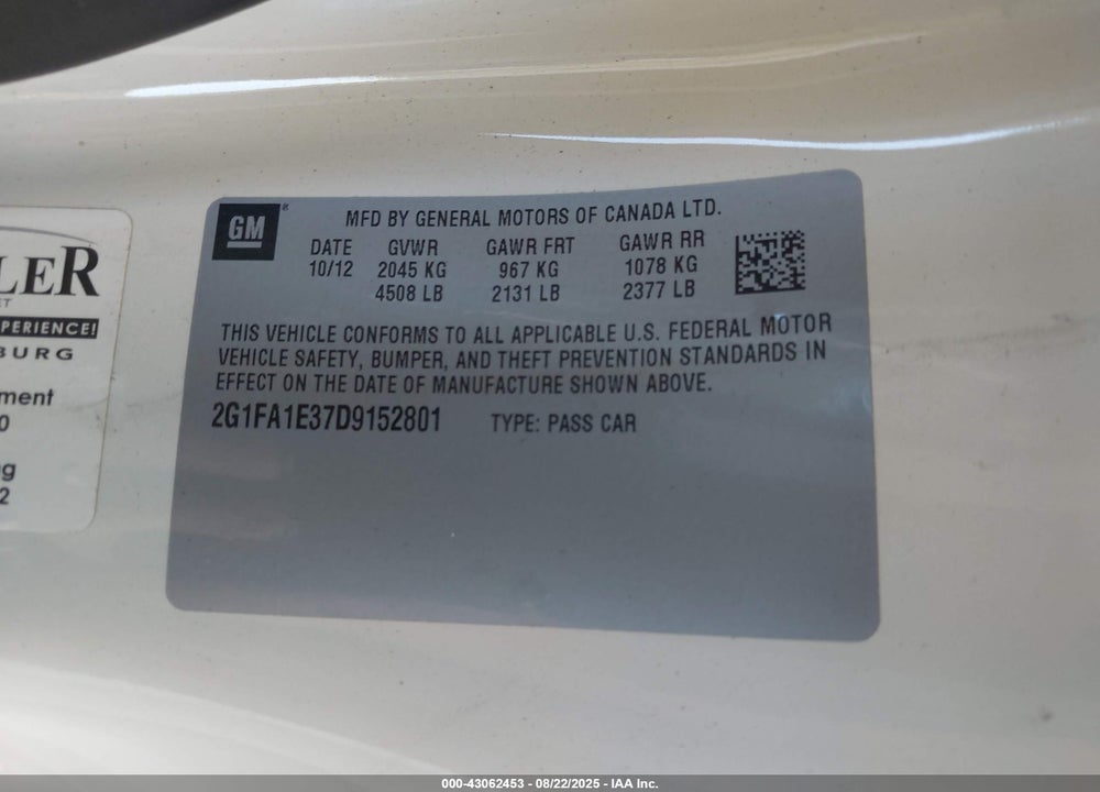 2013 CHEVROLET CAMARO VIN: 2G1FA1E37D9152801
