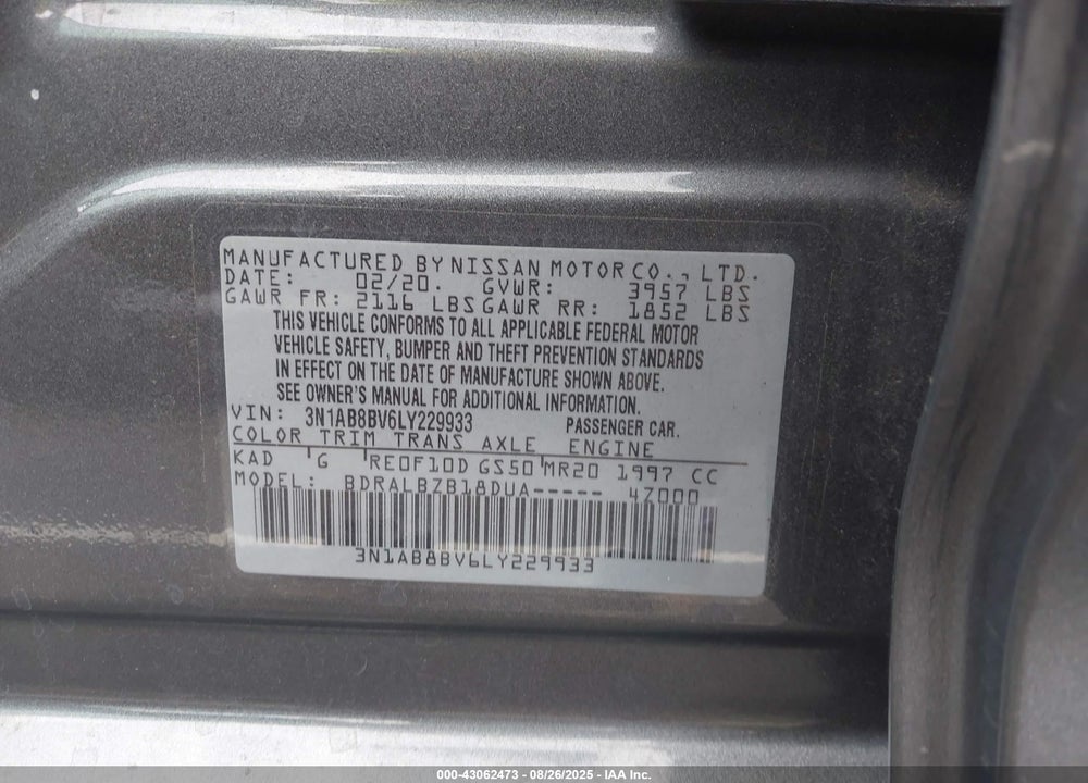 2020 NISSAN SENTRA VIN: 3N1AB8BV6LY229933