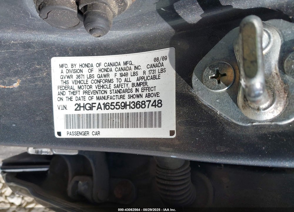 2009 HONDA CIVIC LX VIN: 2HGFA16559H368748