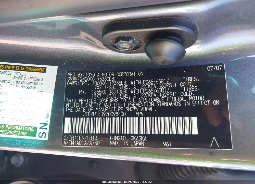 2007 TOYOTA 4RUNNER SPORT V6 VIN: JTEZU14R970098400
