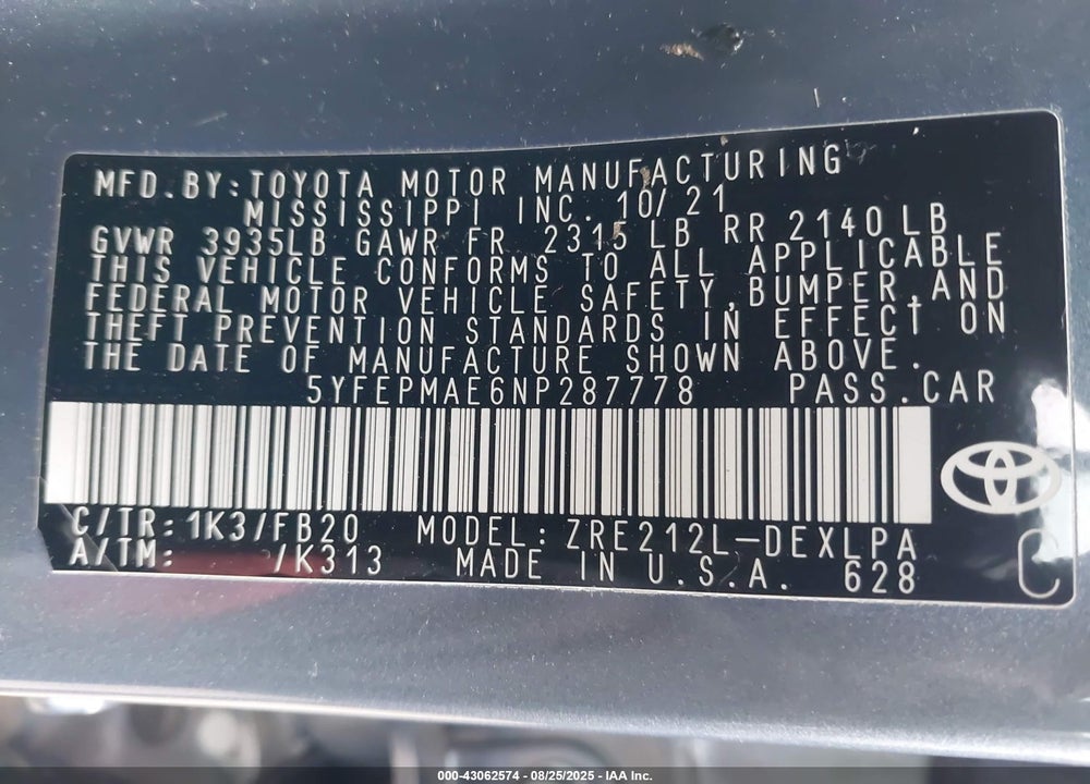 2022 TOYOTA COROLLA VIN: 5YFEPMAE6NP287778