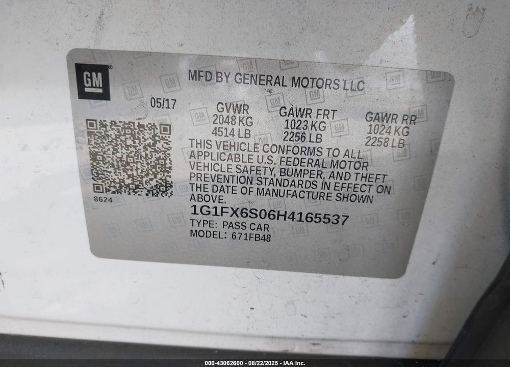 2017 CHEVROLET BOLT EV VIN: 1G1FX6S06H4165537