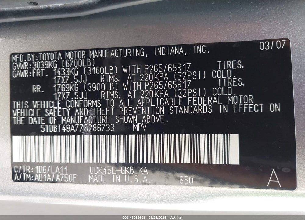 2007 TOYOTA SEQUOIA LIMITED V8 VIN: 5TDBT48A77S286733