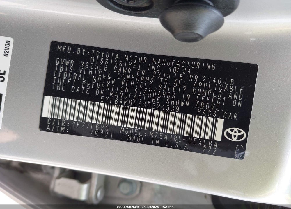 2025 TOYOTA COROLLA VIN: 5YFB4MDE4SP231339