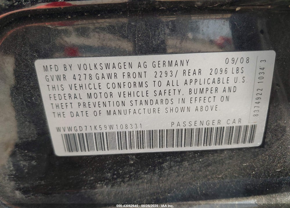2009 VOLKSWAGEN GTI VIN: WVWGD71K59W108331