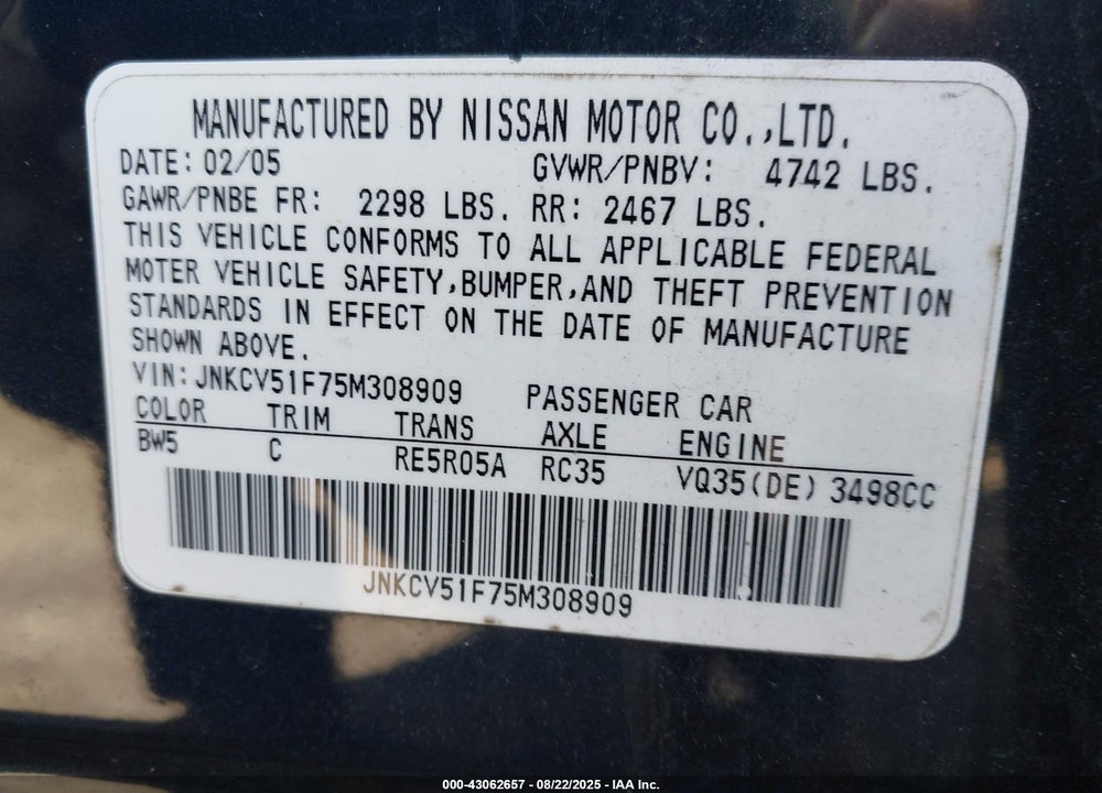 2005 INFINITI G35X VIN: JNKCV51F75M308909