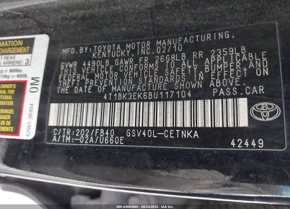 2011 TOYOTA CAMRY LE V6 VIN: 4T1BK3EK6BU117104