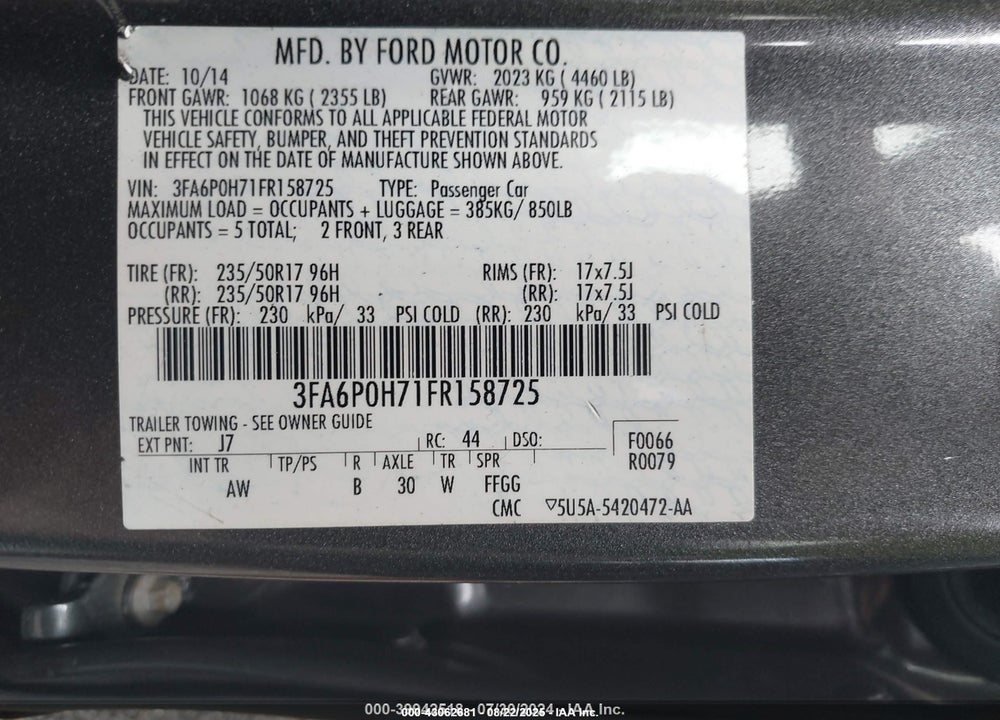 2015 FORD FUSION VIN: 3FA6P0H71FR158725