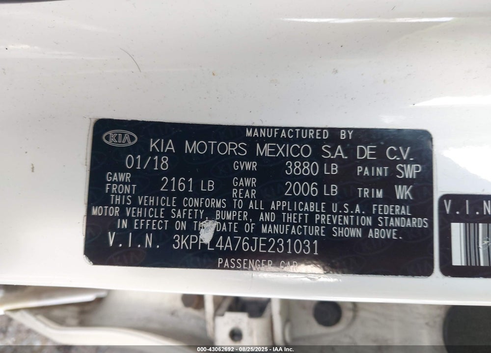 2018 KIA FORTE VIN: 3KPFL4A76JE231031