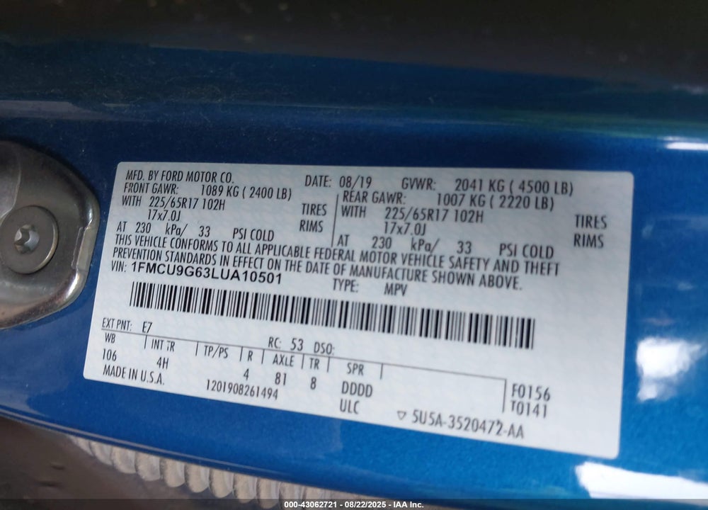 2020 FORD ESCAPE SE VIN: 1FMCU9G63LUA10501
