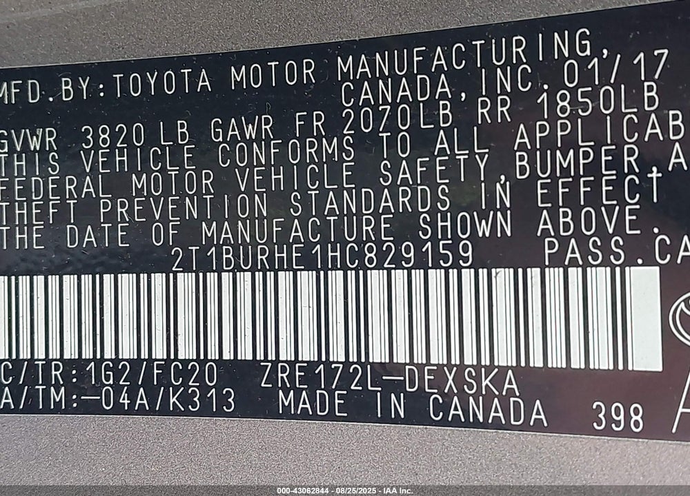 2017 TOYOTA COROLLA VIN: 2T1BURHE1HC829159