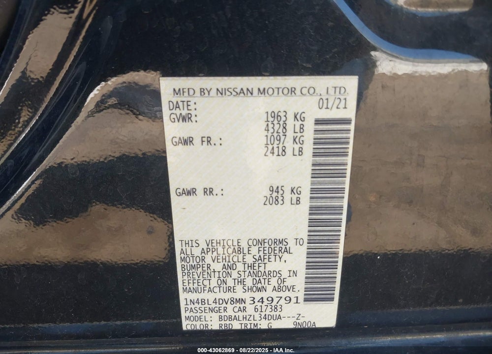 2021 NISSAN ALTIMA VIN: 1N4BL4DV8MN349791