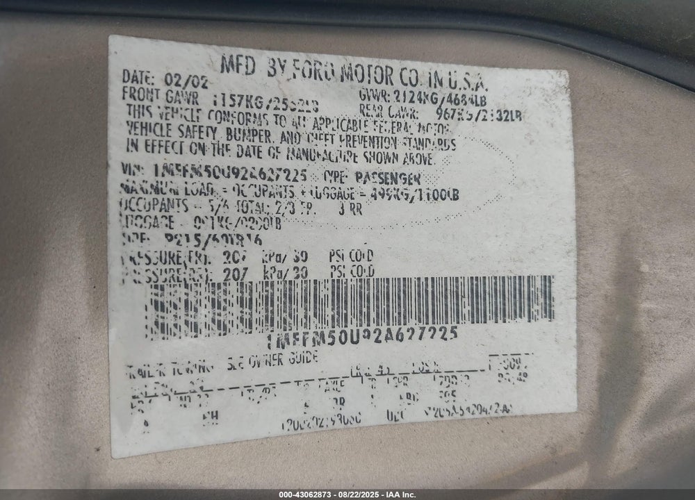 2002 MERCURY SABLE GS VIN: 1MEFM50U92A627225