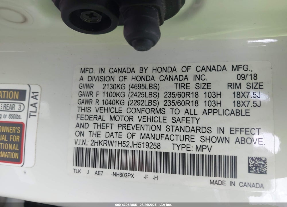 2018 HONDA CR-V VIN: 2HKRW1H52JH519258