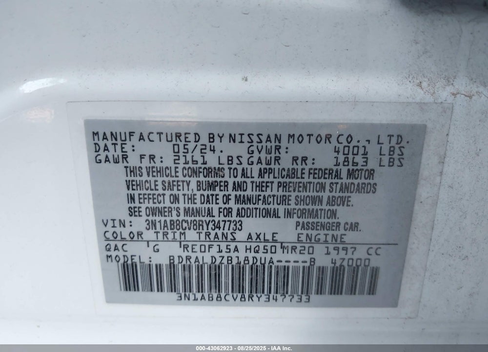2024 NISSAN SENTRA VIN: 3N1AB8CV8RY347733