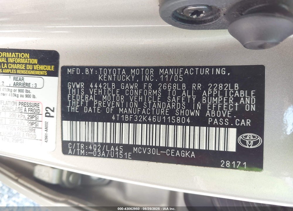 2006 TOYOTA CAMRY XLE V6 VIN: 4T1BF32K46U115804