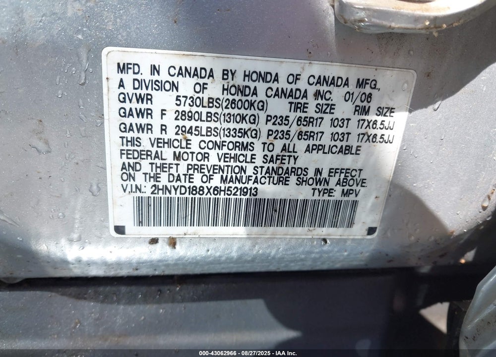 2006 ACURA MDX VIN: 2HNYD188X6H521913