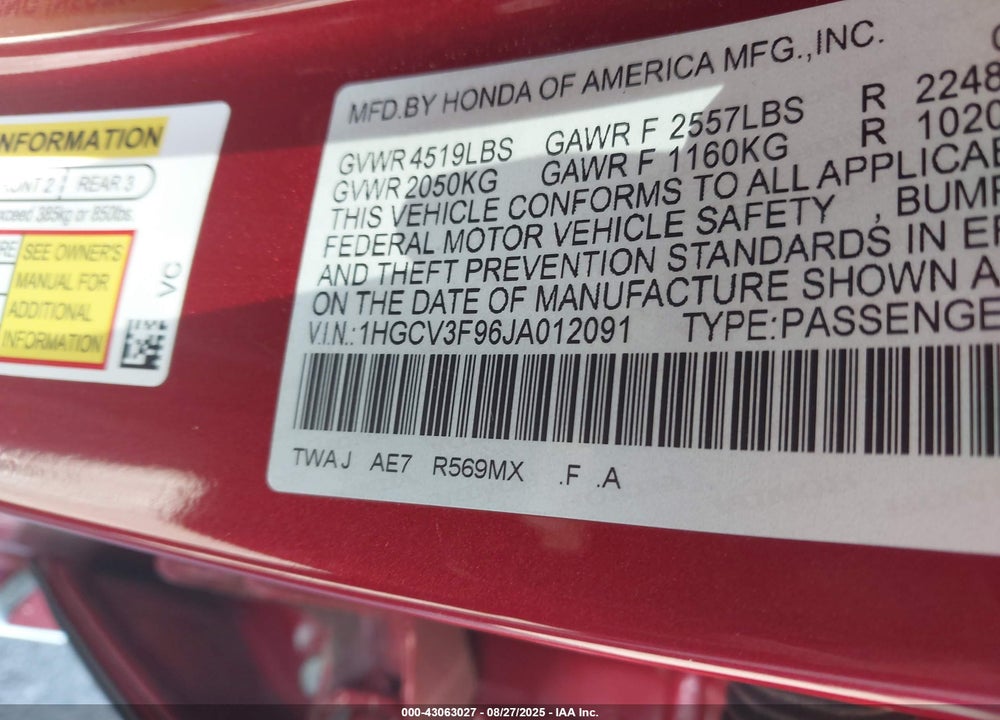 2018 HONDA ACCORD VIN: 1HGCV3F96JA012091