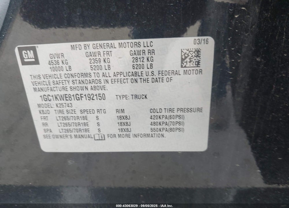 2016 CHEVROLET SILVERADO 2500 VIN: 1GC1KWE81GF192150