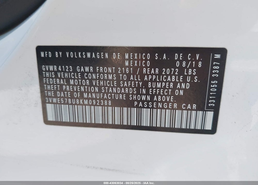 2019 VOLKSWAGEN JETTA VIN: 3VWE57BU8KM092388