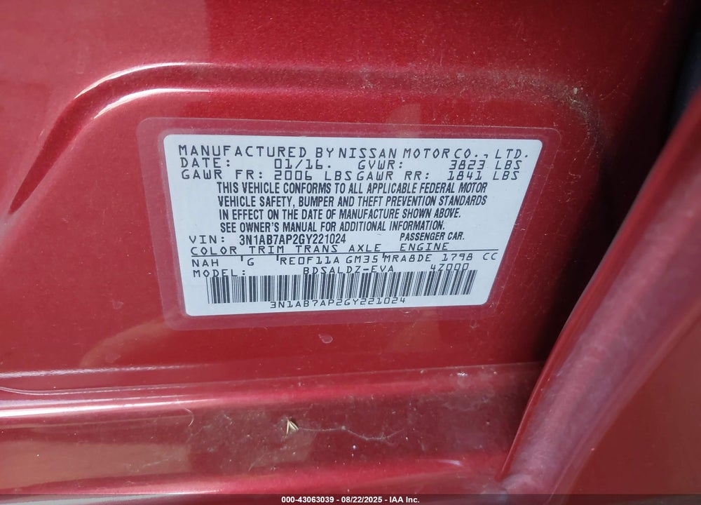 2016 NISSAN SENTRA VIN: 3N1AB7AP2GY221024