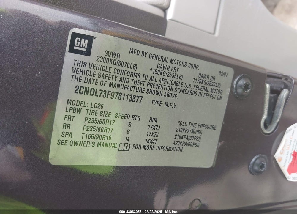 2007 CHEVROLET EQUINOX LT VIN: 2CNDL73F976113377