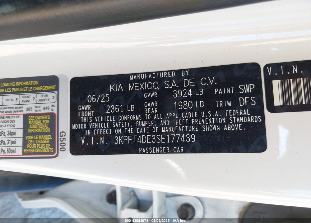 2025 KIA K4 VIN: 3KPFT4DE3SE177439