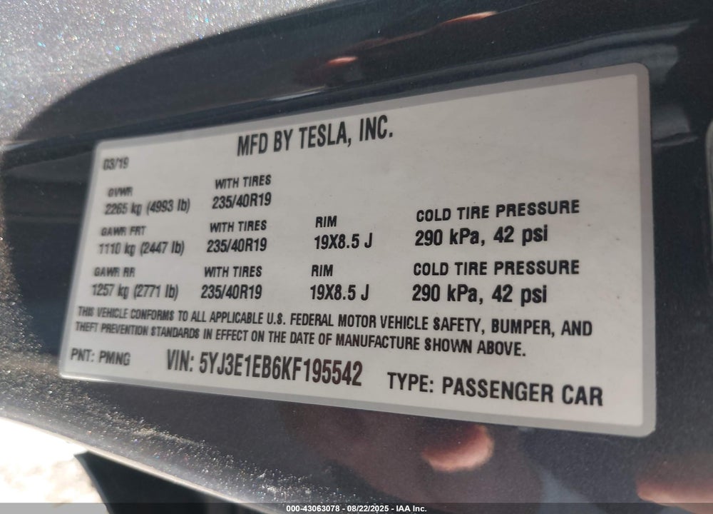 2019 TESLA MODEL 3 VIN: 5YJ3E1EB6KF195542
