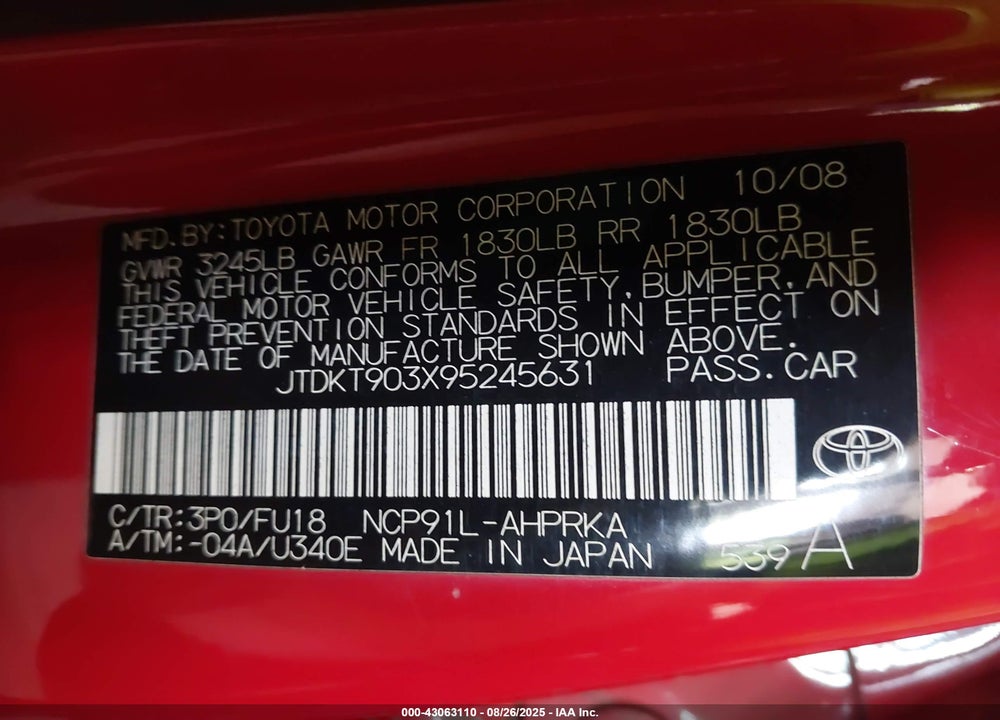 2009 TOYOTA YARIS VIN: JTDKT903X95245631