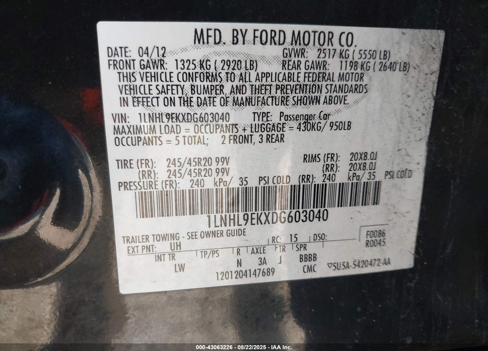 2013 LINCOLN MKS VIN: 1LNHL9EKXDG603040